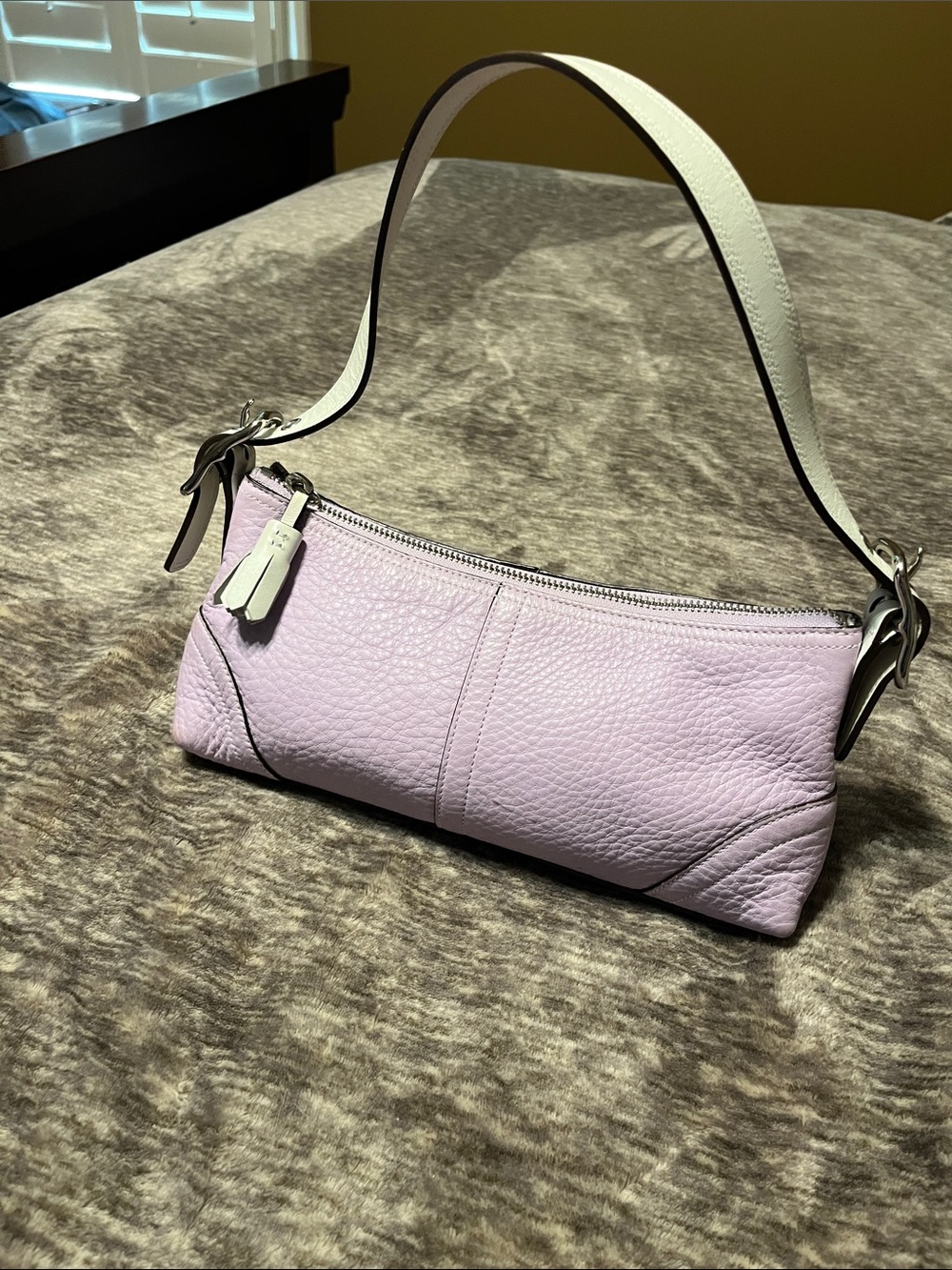 Coach Lavender Pebbled Leather Shoulder Bag with Cream Strap